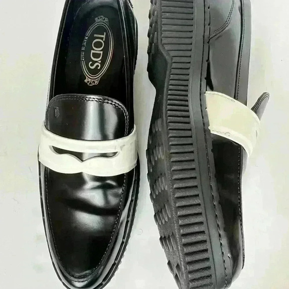TODS Spazzolato Leather Black Platform White Penny Strap Loafer - Picture 5 of 11